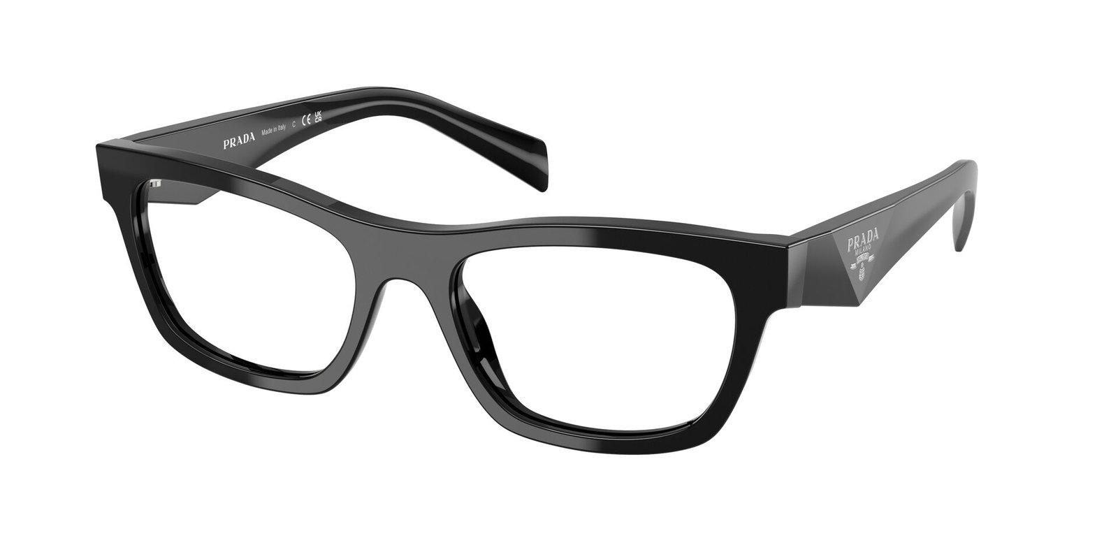 Das Bild zeigt die Prada Brille B01V in schwarz leicht schräg von der Seite.
